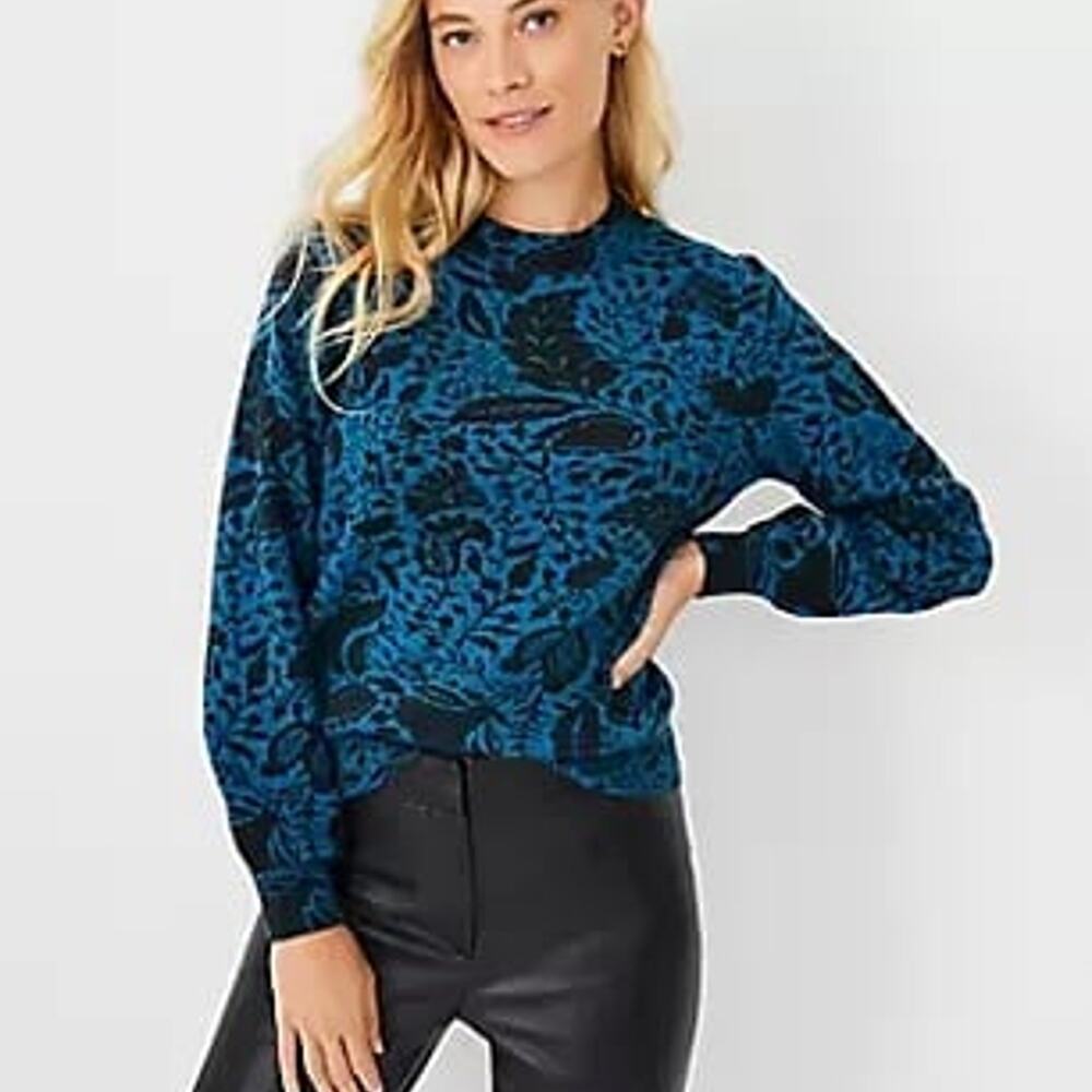 Ann Taylor Floral Jacquard Easy Sweater in Blue/Black.